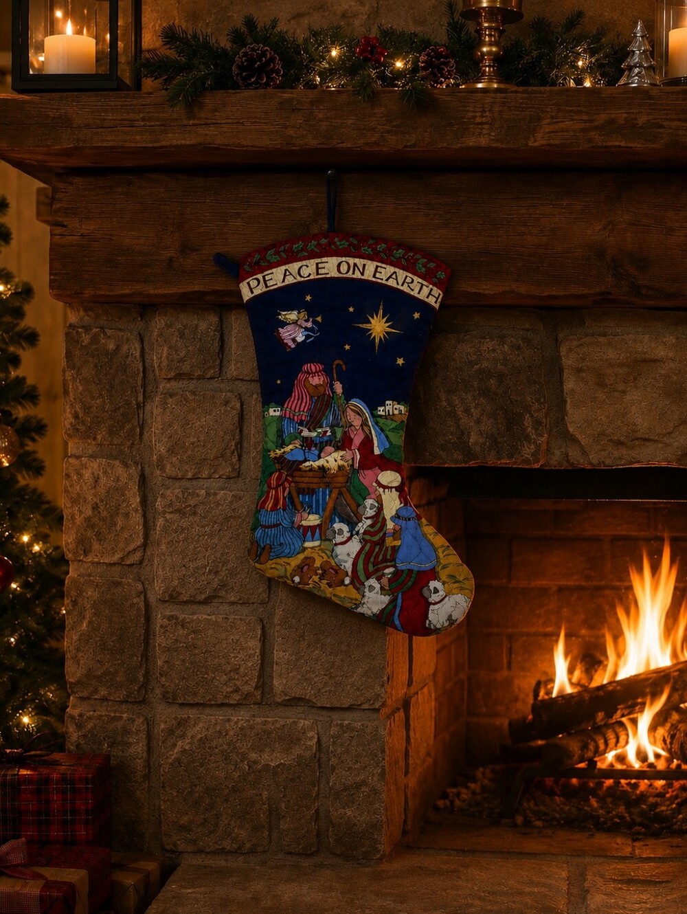 Peace On Earth Oversized Holiday Stocking - Vintage Fabric